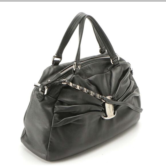 Salvatore Ferragamo Black Lambskin 2-Way Bag Gancini Logo Satchel - Picture 2 of 10